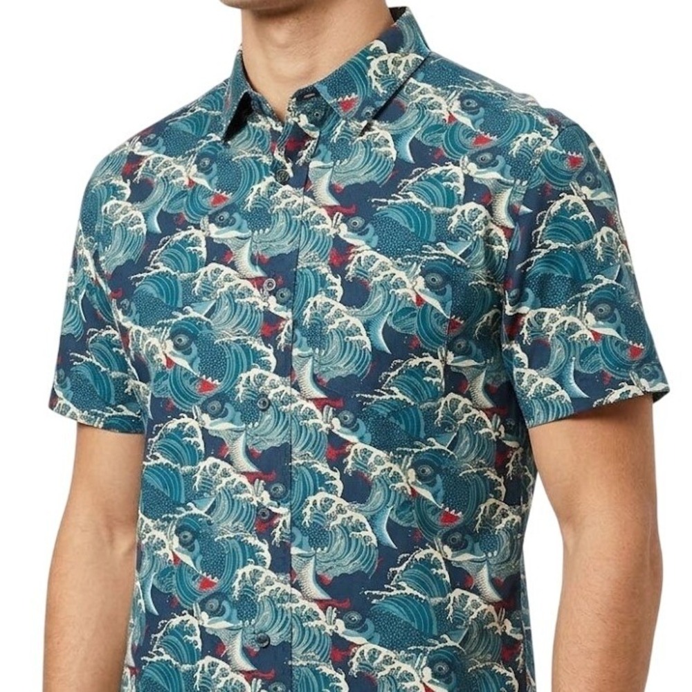 WeSC Great Wave Off Kanagawa Koi Fish Mens‎ XL SS Shirt Hawaiian Aloha Japan Art
